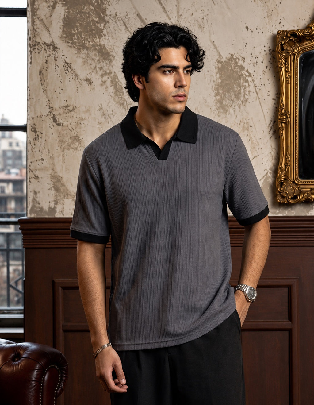 Ribbed Polo — Slate Grey