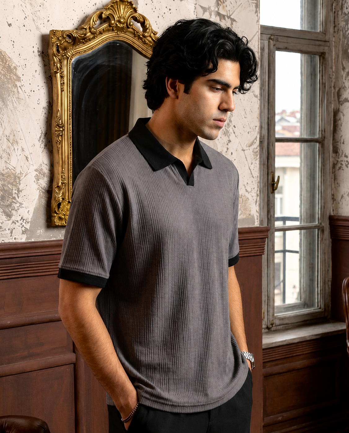 Ribbed Polo — Slate Grey