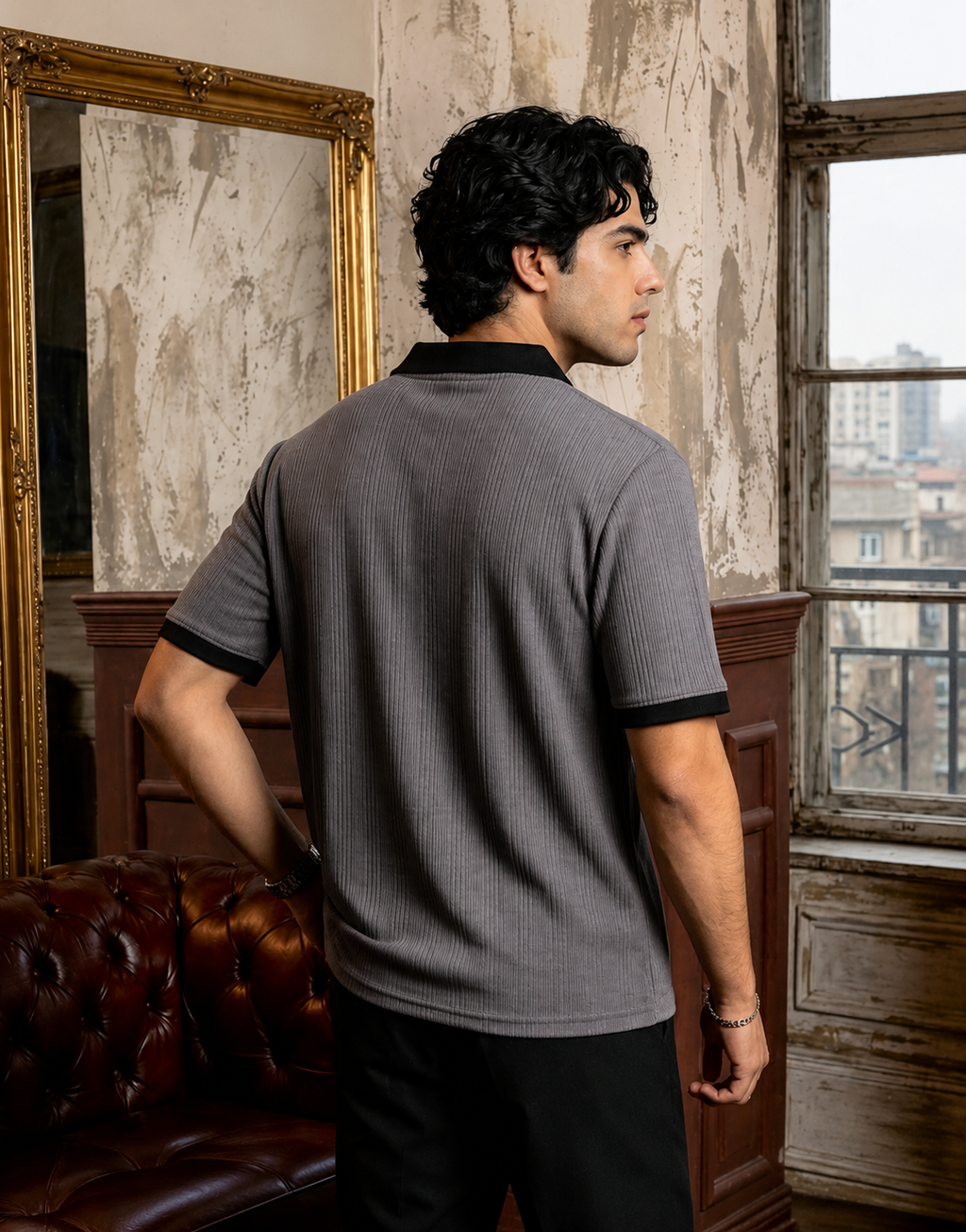 Ribbed Polo — Slate Grey