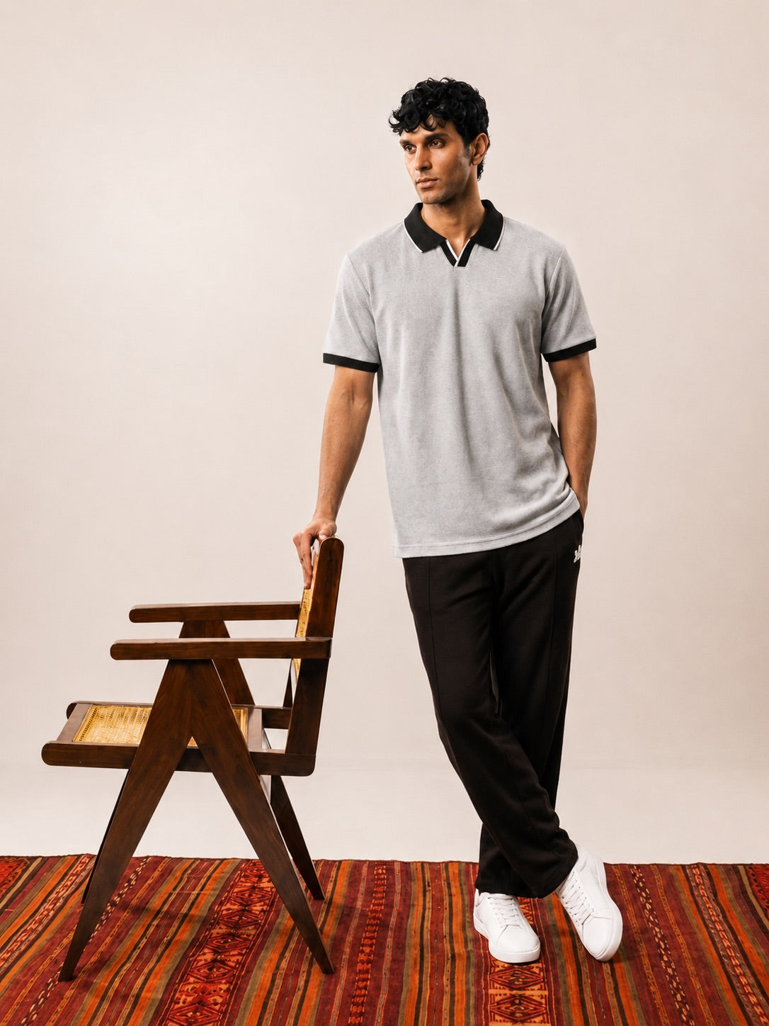 Tipped Textured Polo — Light Grey