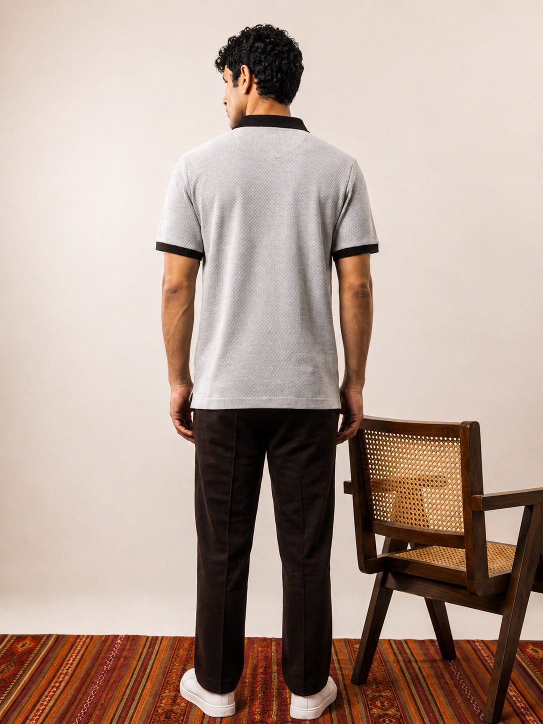 Tipped Textured Polo — Light Grey