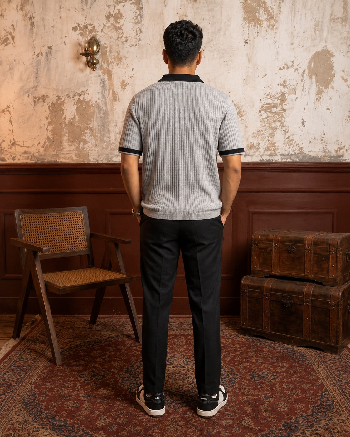Two-Tone Knit Polo — Storm Grey