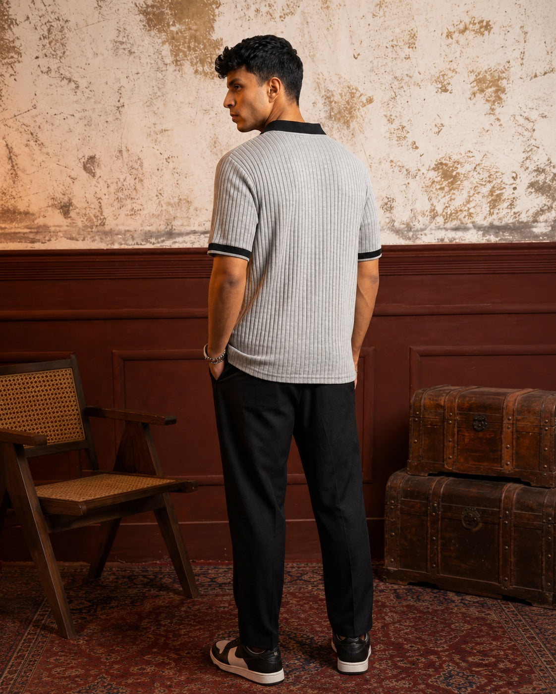 Two-Tone Knit Polo — Storm Grey